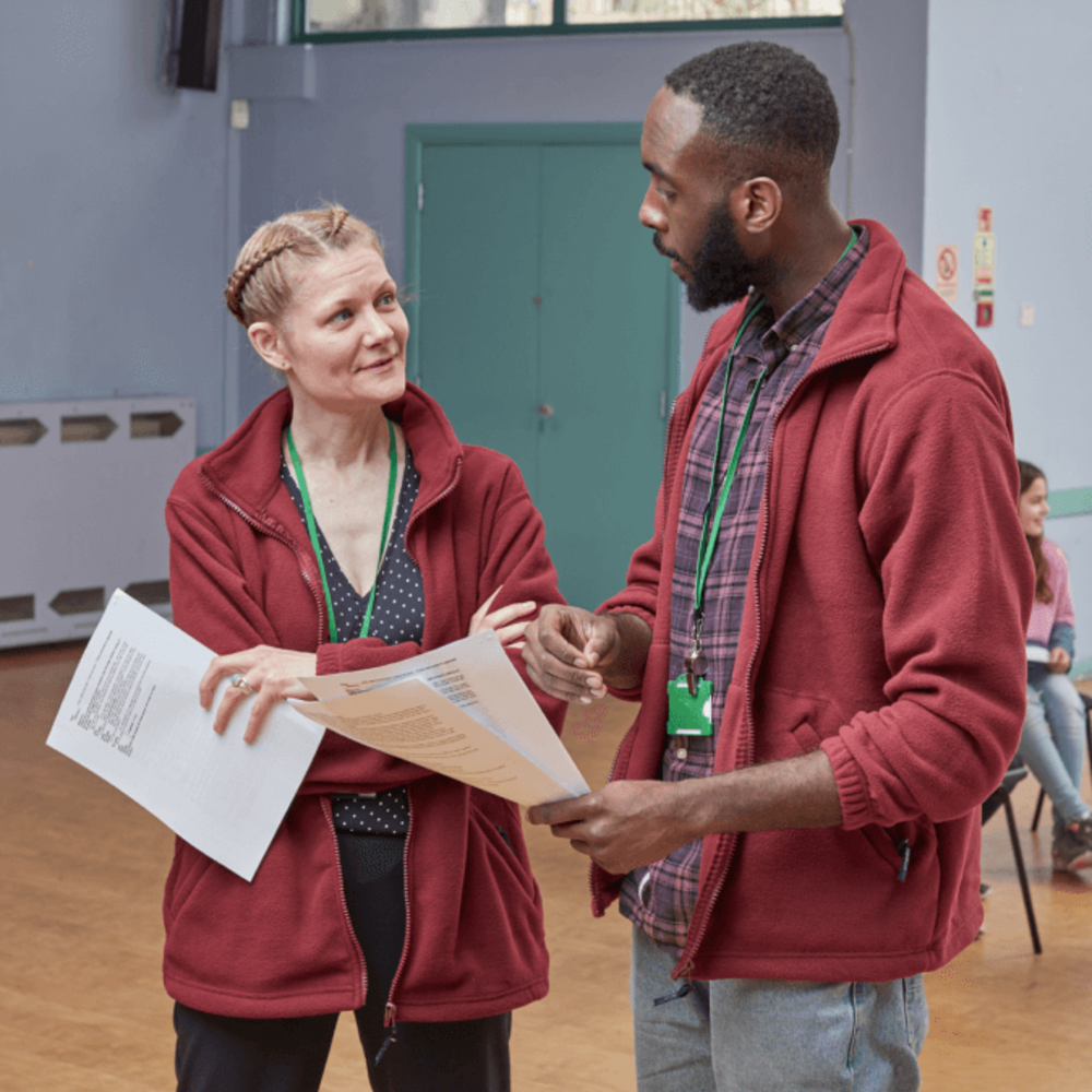 man and woman talking