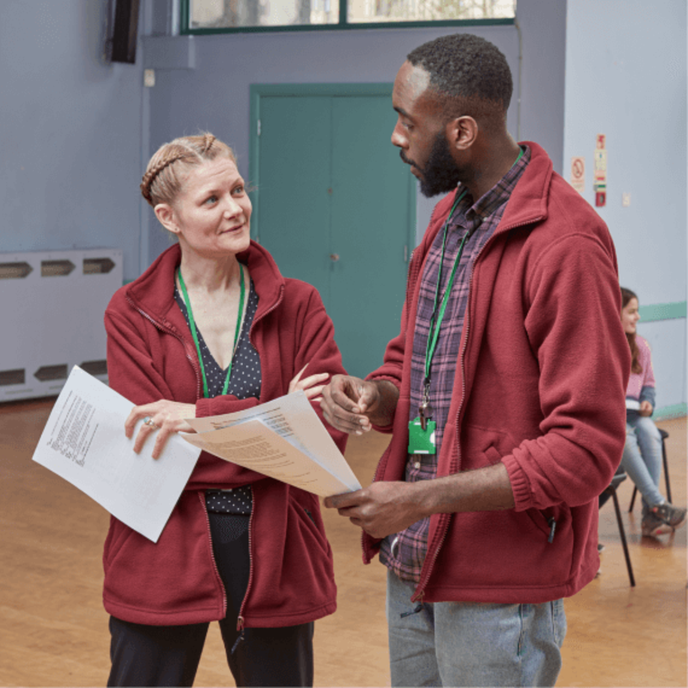 man and woman talking