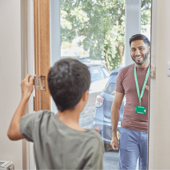 child answering door